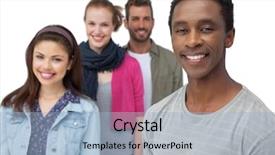  Presentation with friends - Cool new presentation design with portrait of four happy young friends standing over white background backdrop and a light blue colored foreground