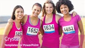  Presentation with runners - Slide set featuring portrait of four smiling runners supporting breast cancer marathon in parkland background and a violet colored foreground