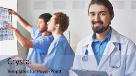  Presentation with chemical plant eco friendly - Beautiful PPT layouts featuring portrait of friendly doctor looking backdrop and a  colored foreground
