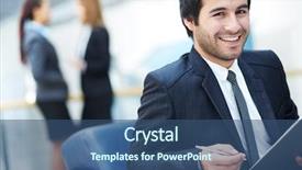  Presentation with famel leader - Colorful theme enhanced with portrait of friendly male leader backdrop and a ocean colored foreground