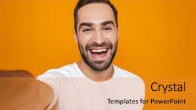  Presentation with friendly - Colorful slide deck enhanced with portrait of friendly man 30s backdrop and a gold colored foreground