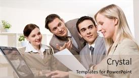  Presentation with sharing - Audience pleasing presentation theme consisting of portrait of friendly workteam looking at confident businesswoman with document in hand and sharing their ideas backdrop and a coral colored foreground