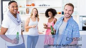  Presentation with wine beer - Cool new presentation with portrait of friends holding beer bottles and glasses of wine in kitchen at home backdrop and a light blue colored foreground