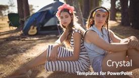  Presentation with field - Presentation theme having portrait-of-friends-sitting background and a tawny brown colored foreground