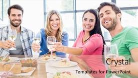  Presentation with dining - Amazing slide deck having portrait of friends toasting wine glasses while having a meal at dining table backdrop and a lemonade colored foreground