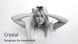  Presentation with women safety against harrasment - Slides featuring portrait of frustrated woman pulling background and a light gray colored foreground