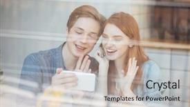  Presentation with funny - PPT theme having portrait of funny couple sitting by the table in cafe behind the glass and making selfie on smartphone background and a mint green colored foreground