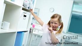  Presentation with forefinger - PPT theme enhanced with portrait of funny girl keeping forefinger by her mouth background and a light blue colored foreground