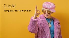  Presentation with hai color - Presentation theme featuring portrait-of-funny-senior-woman background and a yellow colored foreground