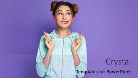  Presentation with good luck - Presentation theme having portrait of funny young girl with two buns keeping fingers crossed and dreaming for good luck isolated over violet background in studio background and a light blue colored foreground