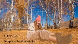  Presentation with autumn leaves - Slide deck featuring portrait-of-funny-young-woman background and a gold colored foreground