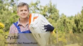  Presentation with nursery plant - Colorful PPT theme enhanced with portrait-of-gardener-carrying-sack backdrop and a coral colored foreground