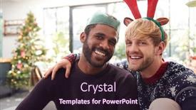  Presentation with antlers - Beautiful slide deck featuring portrait of gay male couple at home wearing fancy dress antlers and paper hat on christmas day backdrop and a wine colored foreground