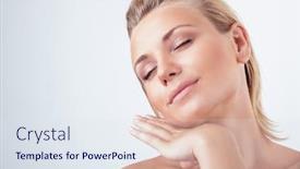  Presentation with day spa - Colorful slide deck enhanced with portrait of gentle calm girl with closed eyes and hand near face over light background natural skin care perfect complexion enjoying day spa backdrop and a sky blue colored foreground