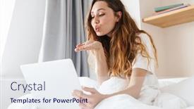  Presentation with kiss - Cool new PPT layouts with portrait-of-ginger-beautiful-woman backdrop and a sky blue colored foreground