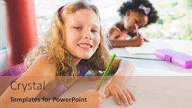  Presentation with homework - Amazing PPT layouts having portrait of girl doing homework in classroom at school backdrop and a coral colored foreground