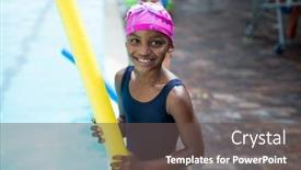  Presentation with noodle - Audience pleasing theme consisting of portrait-of-girl-holding-pool backdrop and a dark gray colored foreground