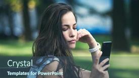  Presentation with cheerful stylish city girl using - Amazing PPT theme having portrait-of-girl-in-city backdrop and a ocean colored foreground