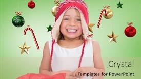  Presentation with girl christmas - Audience pleasing presentation theme consisting of portrait of girl in knitted woolen hat smiling against digitally generated christmas decoration during christmas time backdrop and a coral colored foreground