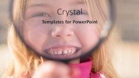  Presentation with looking glass - Colorful PPT theme enhanced with portrait-of-girl-looking-through backdrop and a coral colored foreground