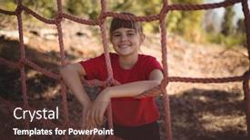  Presentation with obstacle course - Cool new PPT theme with portrait of girl standing near net during obstacle course in boot camp backdrop and a tawny brown colored foreground