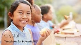  Presentation with children and healthy eating - PPT layouts consisting of portrait-of-girl-with-friends background and a coral colored foreground