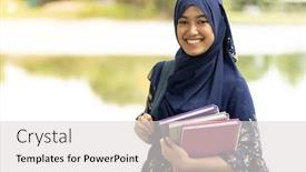  Presentation with islamic muslim - Beautiful slide set featuring portrait of good-looking happy young teenager muslim islamic asian university girl backdrop and a light gray colored foreground