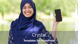  Presentation with islamic muslim - Cool new presentation theme with portrait of good-looking happy young teenager muslim islamic asian university girl hold mobile phone backdrop and a navy blue colored foreground