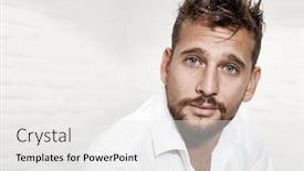  Presentation with camera - PPT layouts with portrait of goodlooking caucasian guy looking at the camera background and a white colored foreground