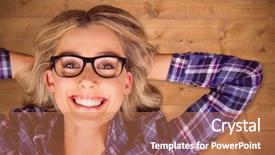  Presentation with bleached - PPT layouts with portrait of gorgeous smiling blonde hipster lying against bleached wooden planks background background and a coral colored foreground