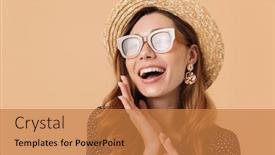  Presentation with straw - Amazing PPT layouts having portrait of gorgeous stylish woman wearing straw hat and sunglasses smiling and looking aside isolated over beige background backdrop and a coral colored foreground