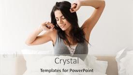  Presentation with linen - Slide deck consisting of portrait of gorgeous woman stretching after sleep while resting in bed with white clean linen at bedroom background and a soft green colored foreground