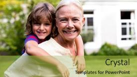  Presentation with drought tolerant yard including chaparral - Theme enhanced with portrait of granny piggybacking grandson background and a yellow colored foreground