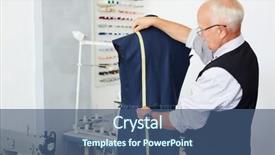  Presentation with tailoring - Audience pleasing slide set consisting of portrait of grey haired old man measuring back on mannequin in traditional tailoring studio backdrop and a ocean colored foreground