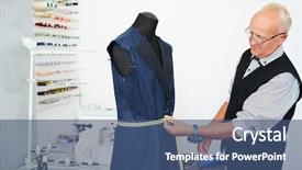  Presentation with tailoring - Presentation design featuring portrait of grey haired old man measuring waist on mannequin in traditional tailoring studio background and a ocean colored foreground