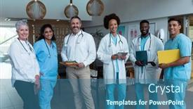  Presentation with group - Beautiful theme featuring portrait-of-group-of-diverse backdrop and a ocean colored foreground