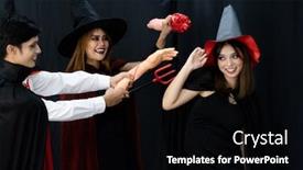  Presentation with witches - Beautiful slide deck featuring portrait-of-group-of-friends backdrop and a black colored foreground