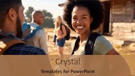  Presentation with backpacks - Slide set having portrait-of-group-of-friends background and a coral colored foreground