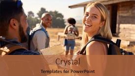  Presentation with backpacks - PPT theme with portrait-of-group-of-friends background and a coral colored foreground