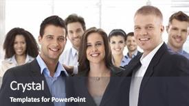  Presentation with team group - Cool new PPT theme with welcoming new leadership - double exposure businessman stretch out backdrop and a light gray colored foreground.