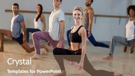  Presentation with group fitness - Slide deck with portrait of group of people performing stretching exercise in fitness studio background and a coral colored foreground