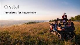  Presentation with people enjoying - Colorful presentation design enhanced with portrait of group young happy people enjoying beautiful sunny day while driving a off road buggy car on mountain nature backdrop and a light blue colored foreground