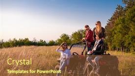  Presentation with people enjoying - Slide deck having portrait of group young happy people enjoying beautiful sunny day while driving a off road buggy car on mountain nature background and a tawny brown colored foreground