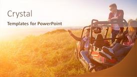  Presentation with driving road - PPT layouts having portrait of group young happy people enjoying beautiful sunny day while driving a off road buggy car on mountain nature background and a cream colored foreground