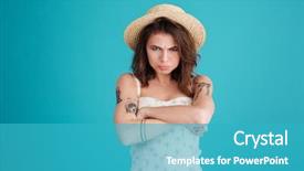  Presentation with straw - Presentation design consisting of portrait of grumpy moody girl background and a teal colored foreground