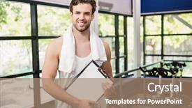  Presentation with gym - Slide deck featuring portrait of gym instructor holding clipboard at gym background and a coral colored foreground