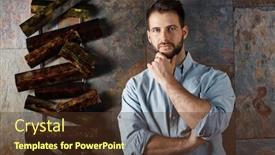  Presentation with facial - Cool new theme with portrait of handsome bearded man looking at camera with serious facial expression backdrop and a tawny brown colored foreground