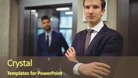  Presentation with elevator - Presentation consisting of portrait of handsome businessman standing with arms crossed near elevator in office background and a tawny brown colored foreground
