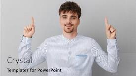  Presentation with fingers - Colorful presentation theme enhanced with portrait of handsome caucasian man dressed in shirt smiling on camera and pointing fingers upward at copyspace isolated over gray background backdrop and a light gray colored foreground