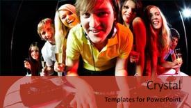  Presentation with teens - Presentation design featuring portrait of handsome deejay looking at camera with happy teens behind background and a red colored foreground